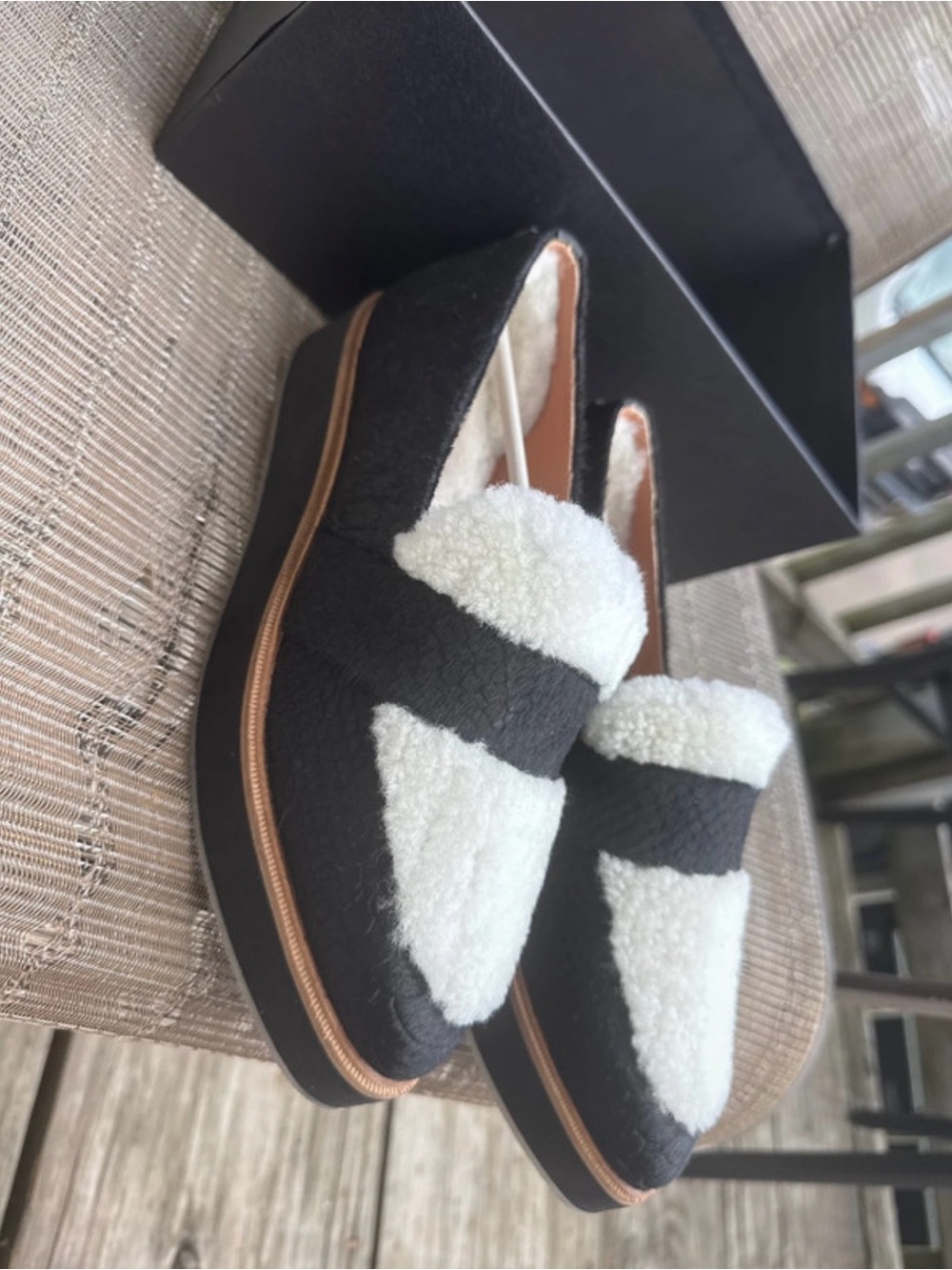 Australia Luxe Collective Black and White Shearling Trim Moccasin Loafers